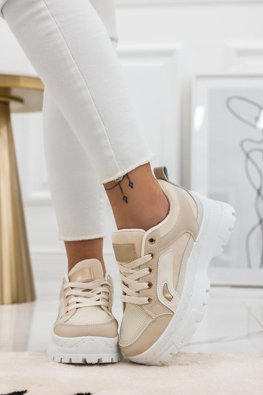 Sneakers beige con pannelli a contrasto