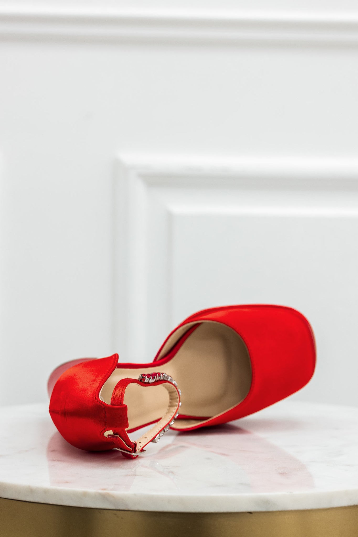 MANILA - Red satin pumps with high heel, platform, and jeweled strap
