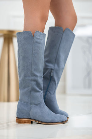Blue suede boots with internal wedge