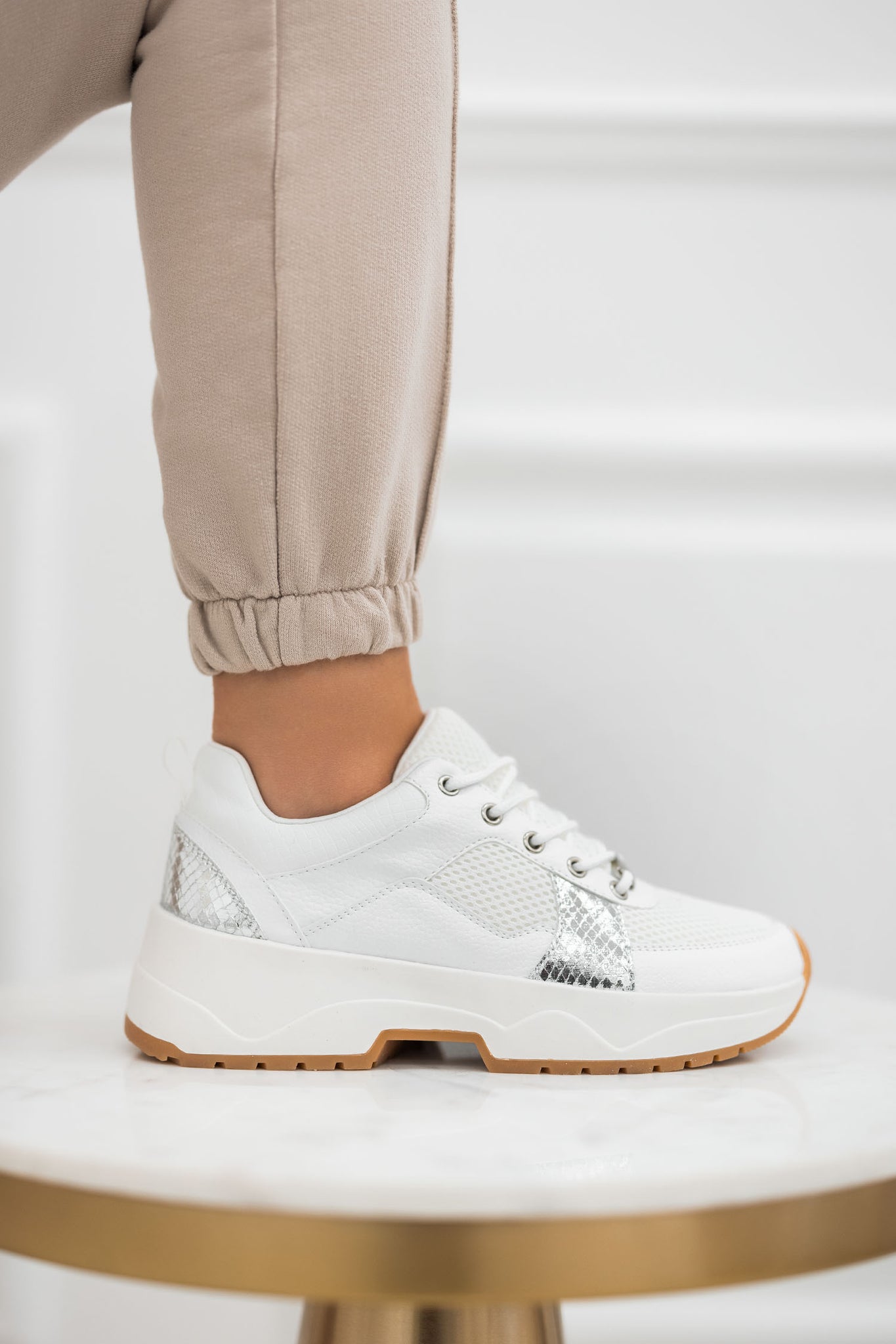 White perforated Alexoo sneakers with silver inserts