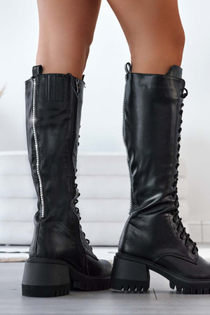 Alexoo black combat boots with laces and rhinestones on the back