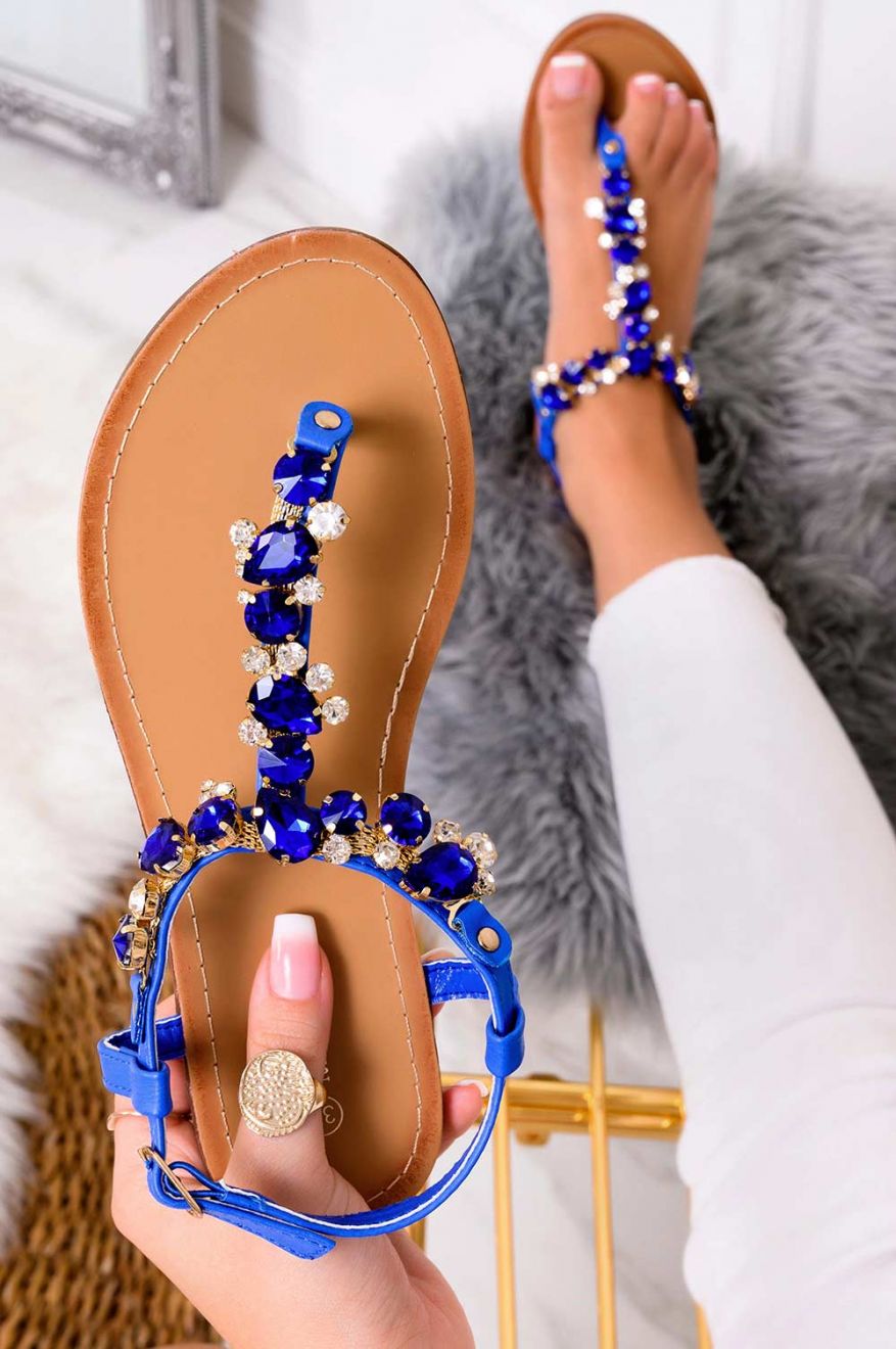 NATALIA - Sandali infradito bassi gioiello con pietre blu