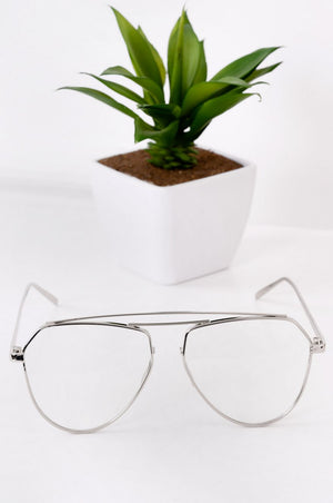 Glasses with clear lenses and silver frame