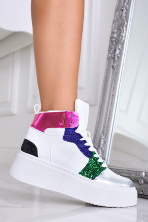 White sneakers with multicolor glitter inserts