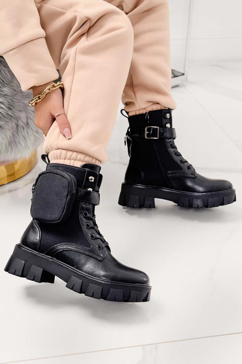 Black combat ankle boots with laces and removable pouch