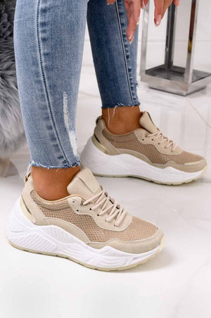 Beige sneakers with python effect and thick sole