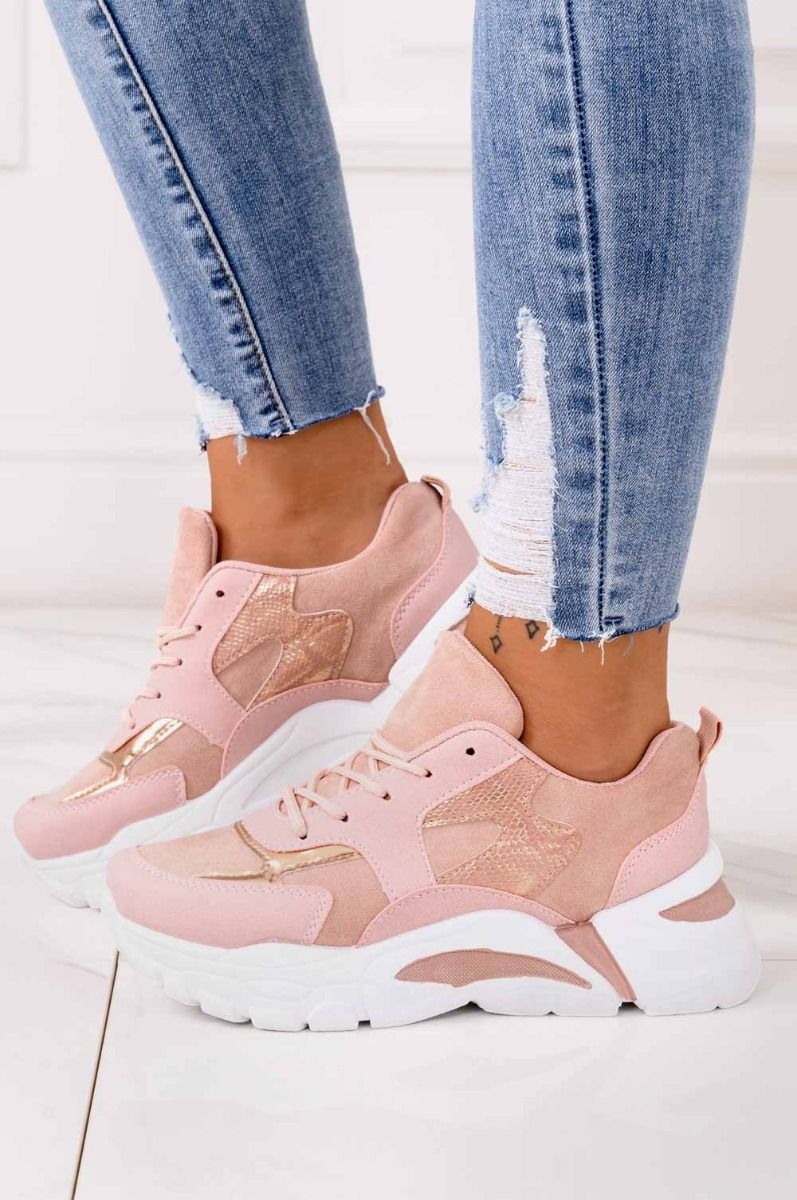 Sneakers rosa con suola spessa e inserti oro rosa