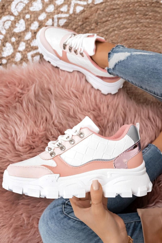 MAJA - Sneakers bianche con pannelli a contrasto rosa e ganci oro