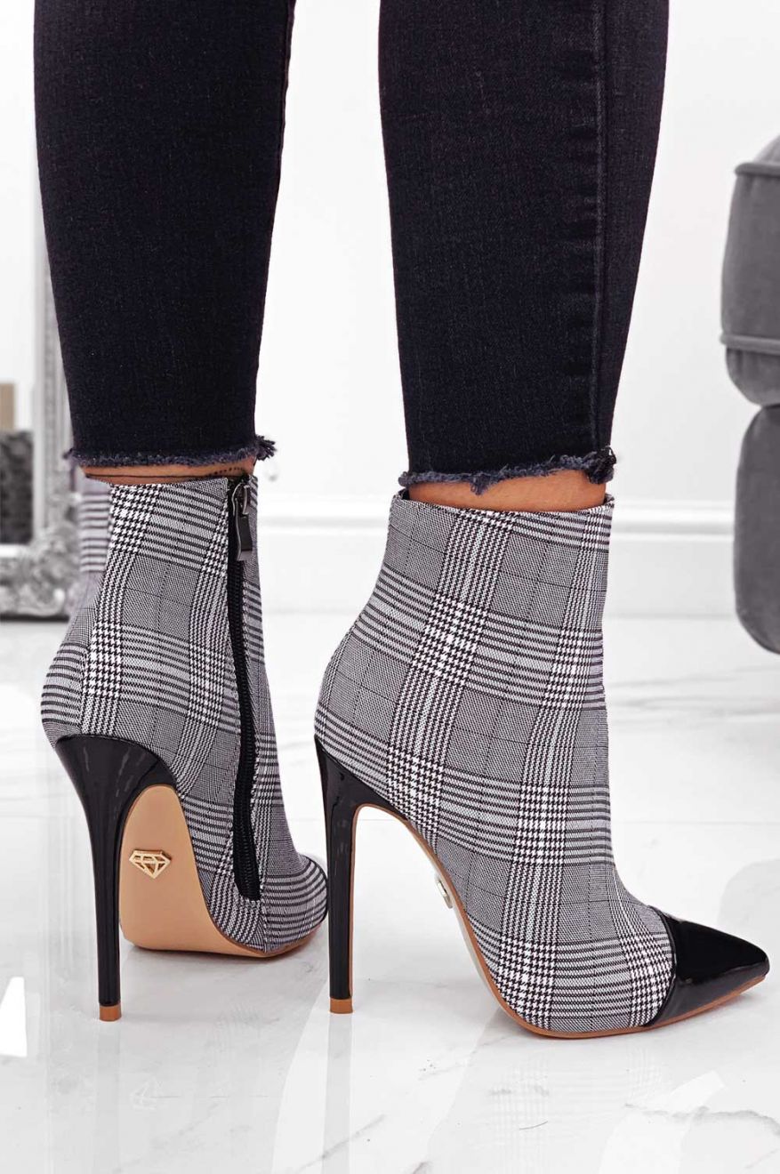 Bottines pied-de-poule à carreaux mixtes avec talon et bout en vernis noir