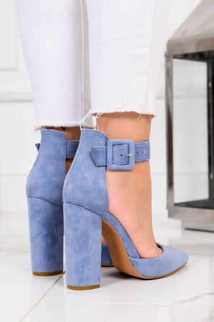 Blue suede pumps with strap and comfortable heel