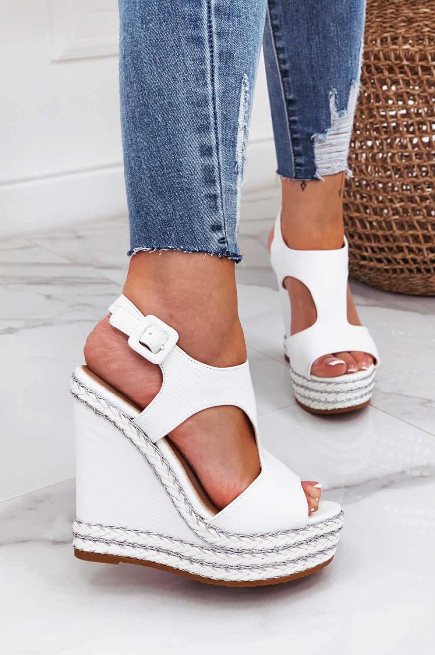 White wedge sandals with silver rope inserts