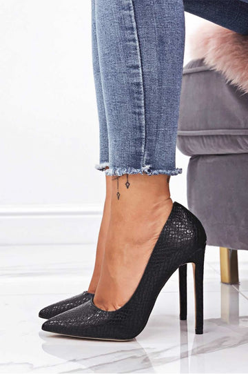 Black python-effect high-heeled pumps