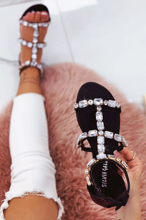 Black jeweled flat sandals