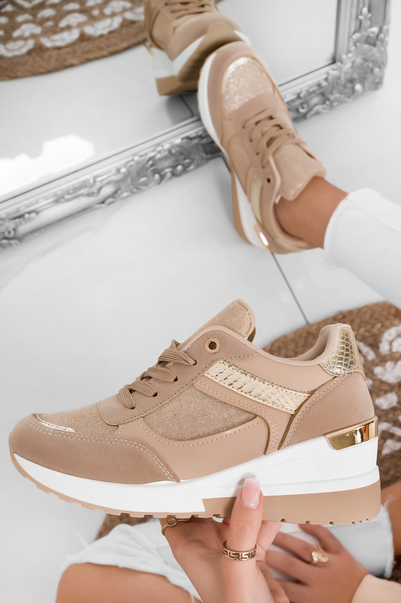 Mud and gold wedge sneakers