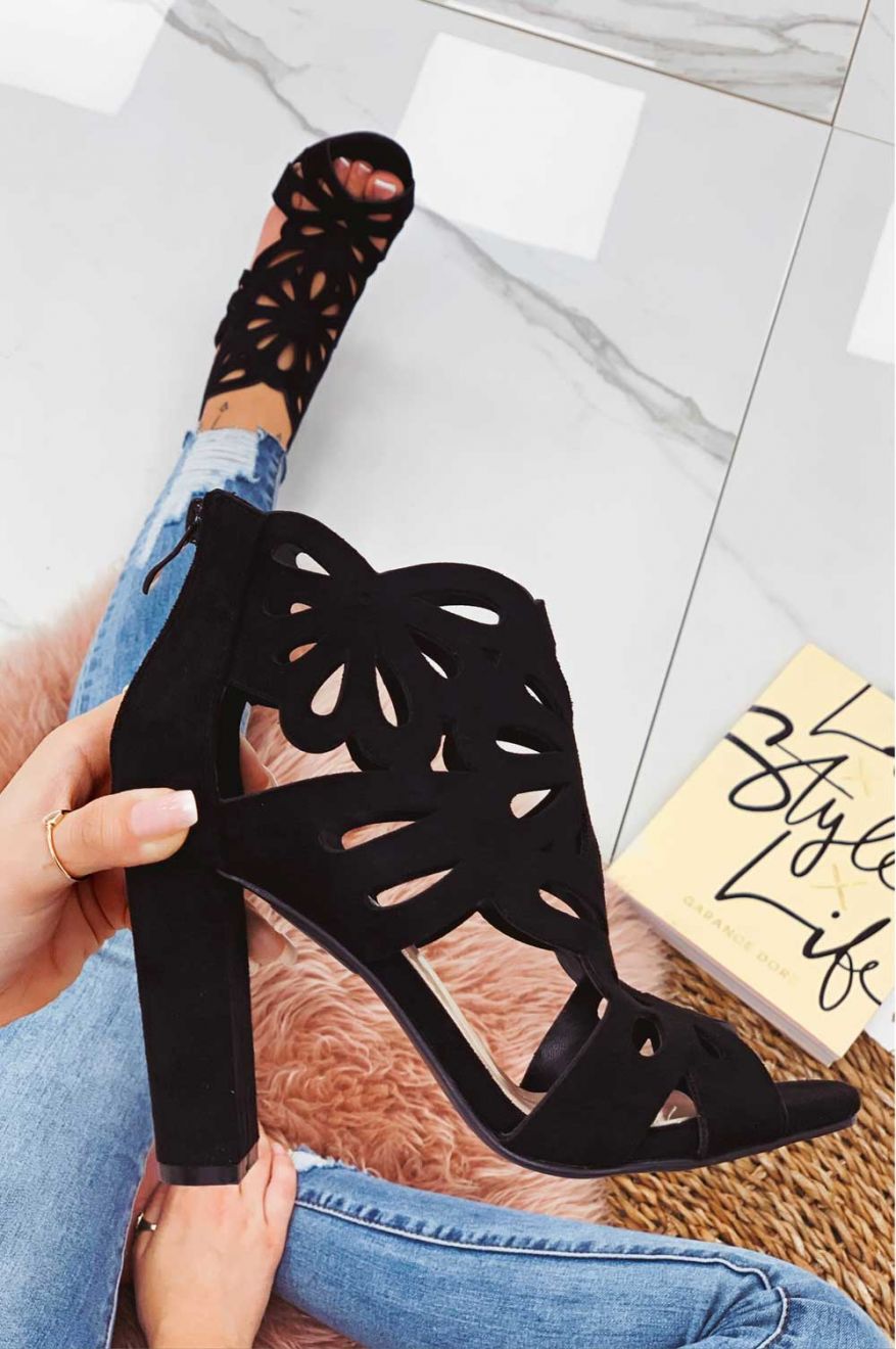 Black perforated sandals with comfortable heel