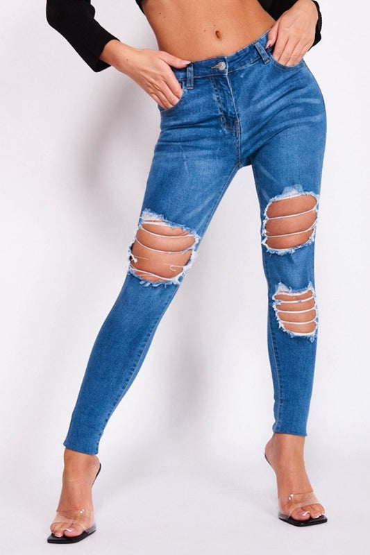 Pantalone jeans skinny blu con strappi