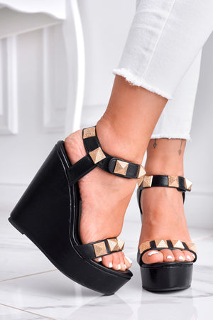 TECNA - Alexoo black wedge sandals with gold studs