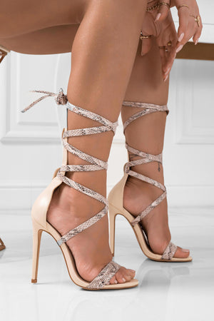 Lace-up python-effect sandals with high heel