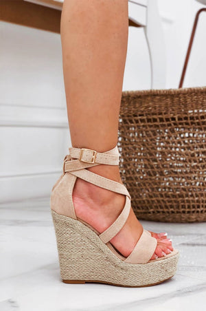 Beige lace-up sandals with rope wedge
