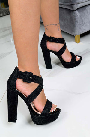Black laminated high-heeled sandals
