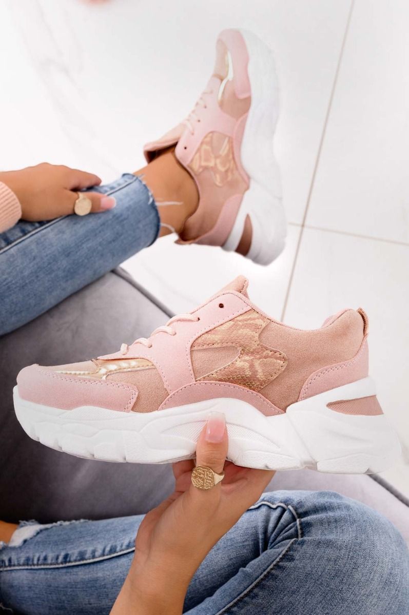 Pink sneakers with thick sole and rose gold inserts