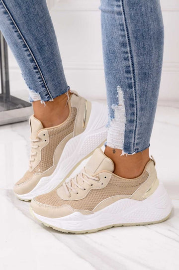 Beige sneakers with python effect and thick sole