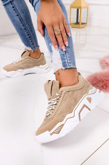 Beige suede sneakers with thick sole and laces