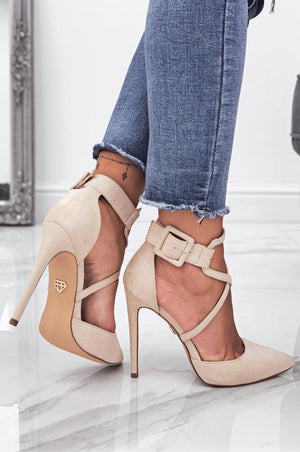 Beige suede pumps with high heel