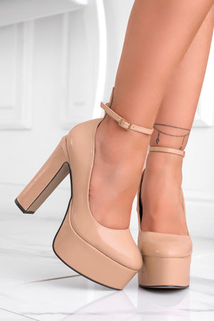 Beige patent leather pumps with strap and high heel