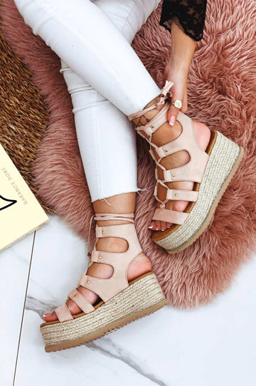 Beige lace-up sandals with rope wedge