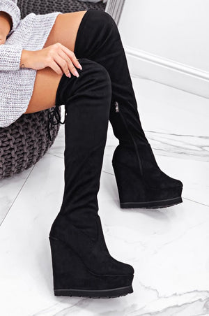 Black suede over-the-knee wedge boots