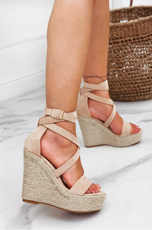 Beige lace-up sandals with rope wedge