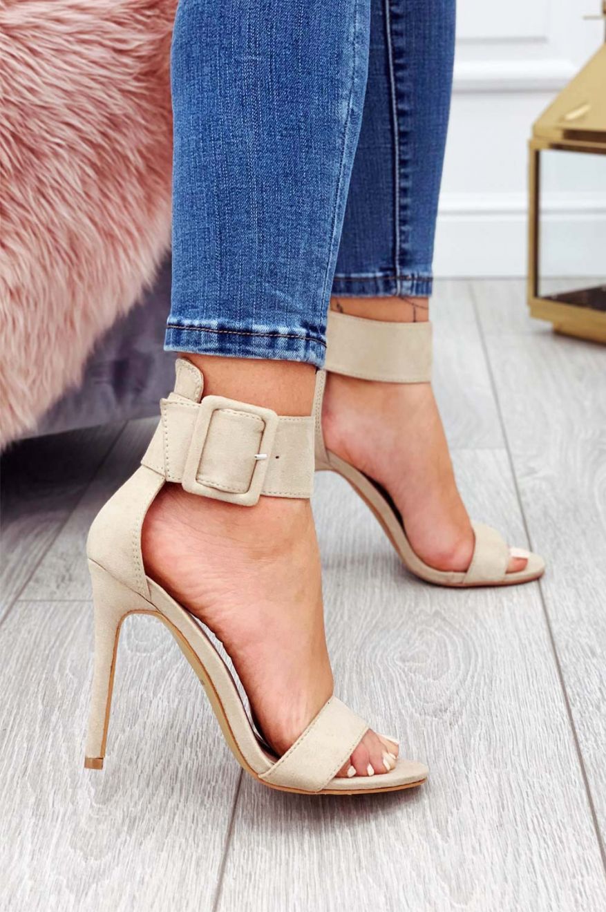 Beige suede sandals with high heel and ankle strap