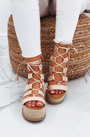 Beige lace-up sandals with rope wedge