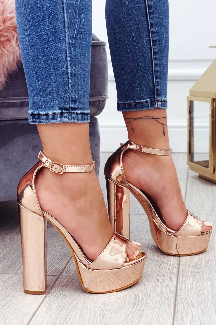Rose gold patent sandals with high heel and ankle strap