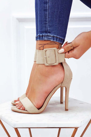 Beige suede sandals with high heel and ankle strap