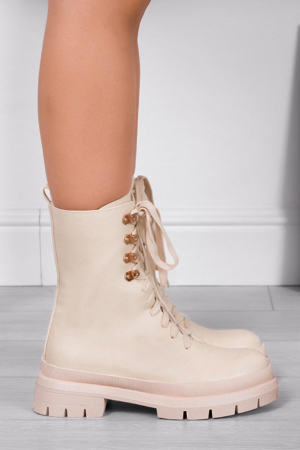 MARA - Beige combat ankle boots by Alexoo with laces
