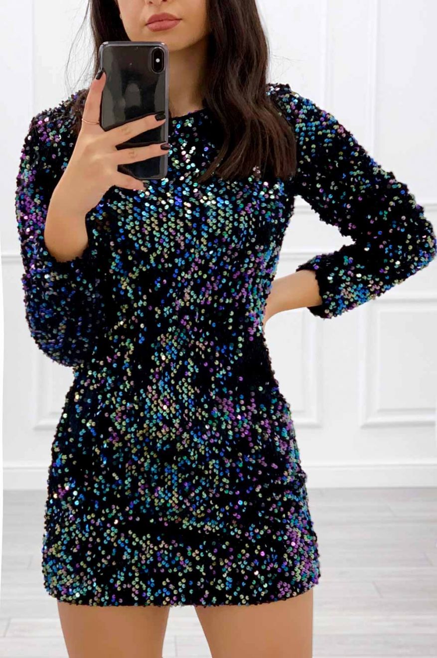 Long-sleeved multicolor sequin dress