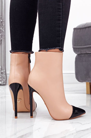 Nude ankle boots with heel and black patent toe