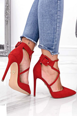 Red suede pumps with high heel