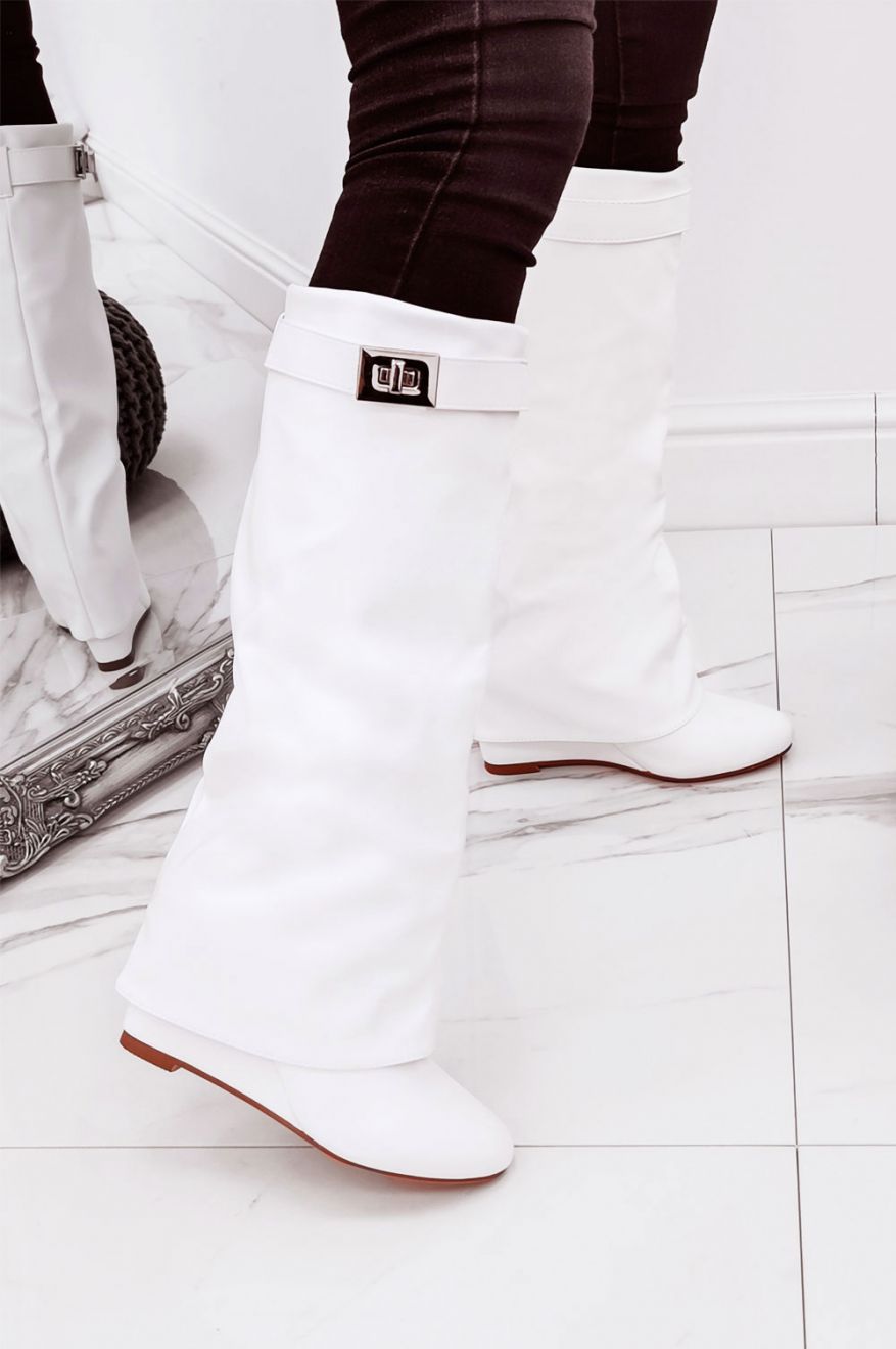 White faux leather boots with cuff and wedge heel
