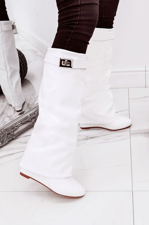 White faux leather boots with cuff and wedge heel