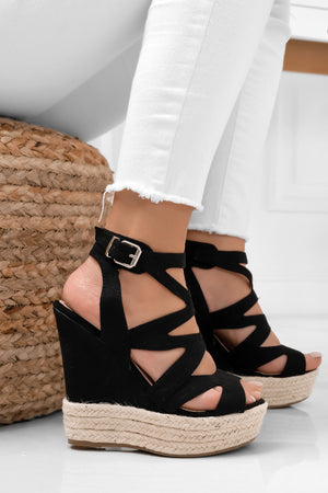 Black wrapped sandals with wedge heel
