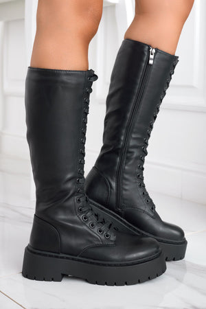 Black lace-up combat boots