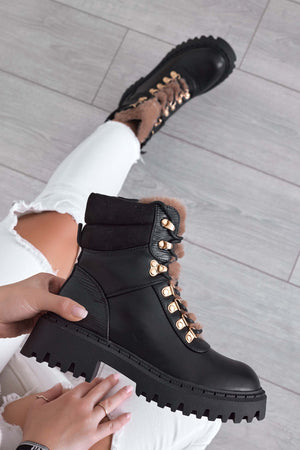 MATHIAS - Black combat ankle boots with faux fur tongue