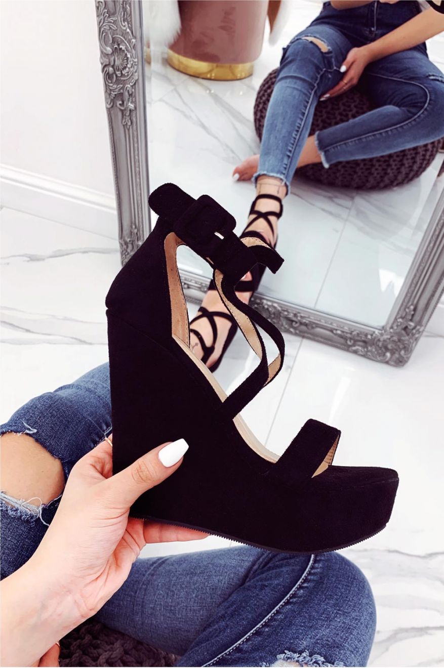Black suede wedge sandals