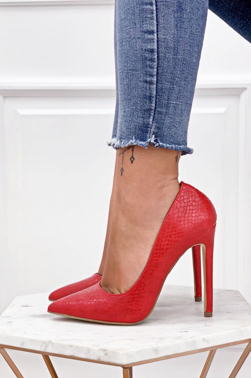 Red python-effect high heel pumps