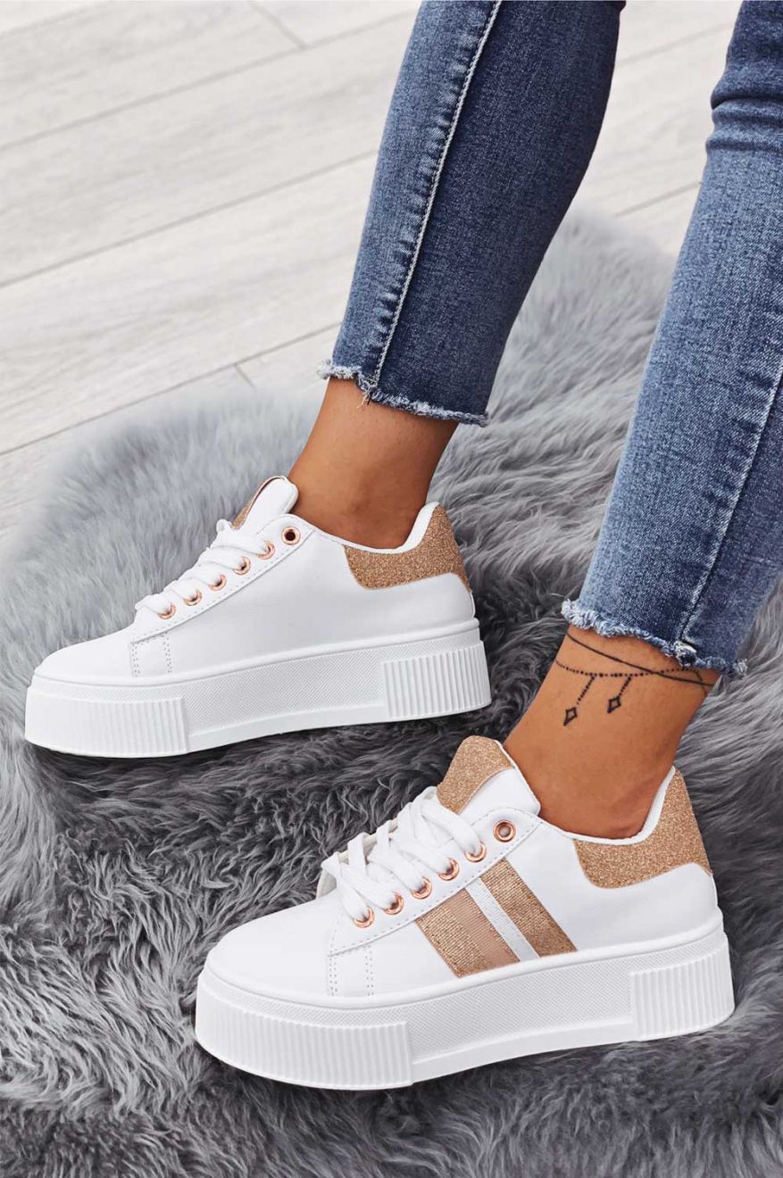 White sneakers with laces and rose gold glitter inserts