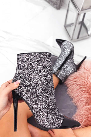 Glitter ankle boots with heel and black patent toe