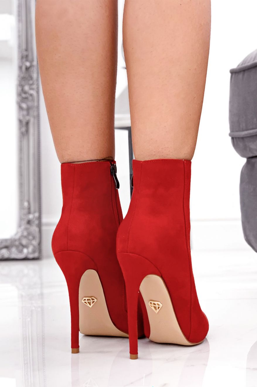 Red suede ankle boots with high heel